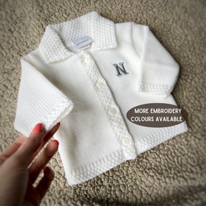Personalised White Baby cardigan White Knitted Cardigan Newborn White cardigan White christening cardigan baptism cardigan