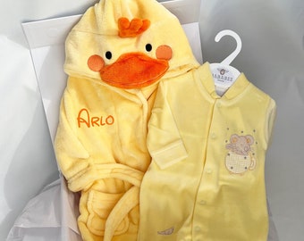 Personalised infant bath set, baby hooded dressing gown, yellow duck fleece dressing gown, yellow sleep suit, bath and bed baby set