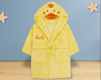 Personalised infant bath robe, baby hooded dressing gown, yellow duck fleece dressing gown, personalised Kids bath robe, boy girl bath robe