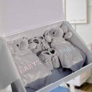 Personalised New Born twin Baby Gift Set, Elephant Baby Gift, Baby Gift Hamper, twin baby shower, baby twin girls, twin baby boys, image 1