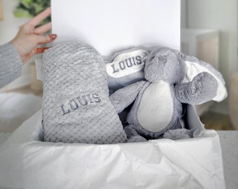 Personalised grey bunny and blanket baby gift set, newborn baby gift set, gift for baby, baby shower gift set, personalized baby gift