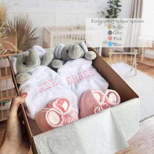 Baby-Zwillings-Geschenk-Set Box, Elefant-Baby-Geschenk, Baby-Geschenkkorb, Zwillings-Babyparty, Zwillings-Babymädchen, Zwillings-Jungen, personalisiertes Zwillingsgeschenk