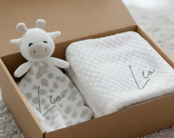 Personalized Baby Blanket and Giraffe Comforter Gift Set, Newborn Keepsake