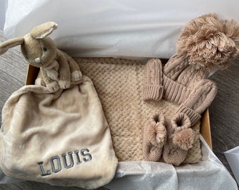 Baby Gift Box, Luxury Baby Hamper, Beige Bunny Comforter and baby blanket set, Neutral BoyGirl Gift