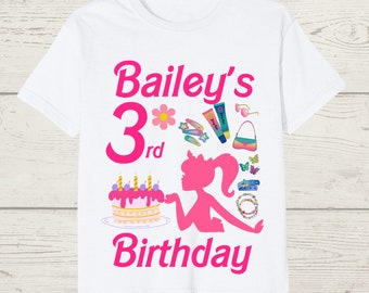 Personalised Girl Birthday Doll Pink T-shirt, Any Age Any Name, Girls birthday top, Girls birthday top