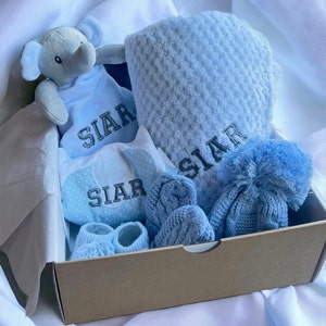 Personalised Baby Gift Set, cosy elephant comforter, bib, a soft blanket, knit hat, mittens and booties. Baby shower gift, baby gift, welcome baby items, baby gift ideas, personalised baby gift ideas, personalised baby blanket