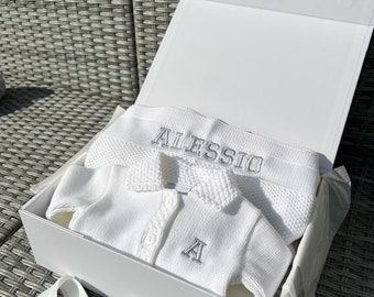 Personalised Baby gift set in White, White Knitted Cardigan, Newborn white cardigan, christening cardigan, Personalised baby blanket