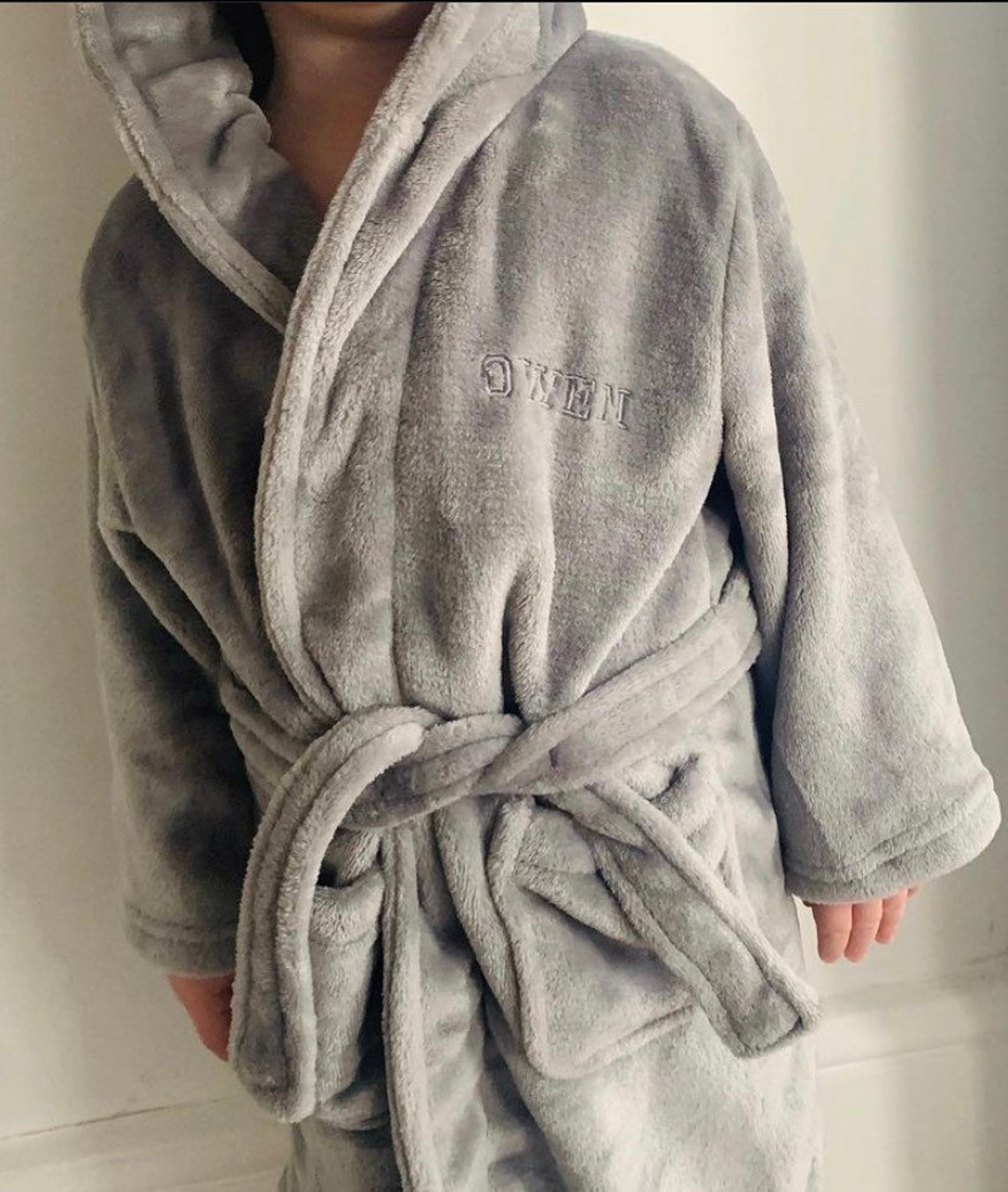 Personalised bath robe baby hooded dressing gown grey fleece Etsy