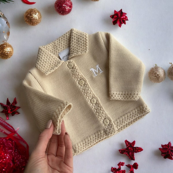 Personalised Baby cardigan, beige Knitted Cardigan, Newborn cardigan, christening cardigan, baptism cardigan, Christmas Outfit