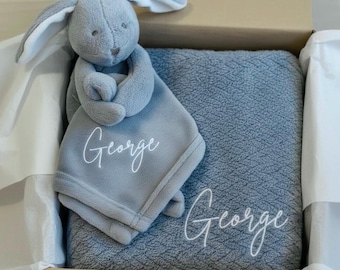 Personalised blue baby blanket And comforter gift set, embroidered baby blanket, baby comforter, new baby gift, gift for newborn baby, Bunny
