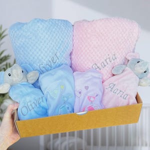 Baby-Zwillingsgeschenke, Elefant-Babygeschenk, Baby-Geschenkkorb, Zwillings-Babyparty, Zwillings-Babymädchen, Zwillings-Jungen, personalisiertes Zwillings-Babygeschenk