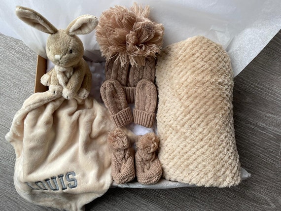Coffret cadeau bebe panier a linge de luxe ensemble edredon lapin beige et couverture pour bebe cadeau garcon fille neutre Etsy France
