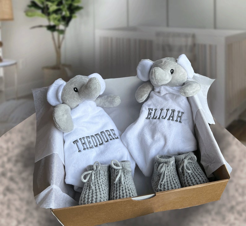 Personalised New Born twin Baby Gift Set, Elephant Baby Gift, Baby Gift Hamper, twin baby shower, baby twin girls, twin baby boys, image 2