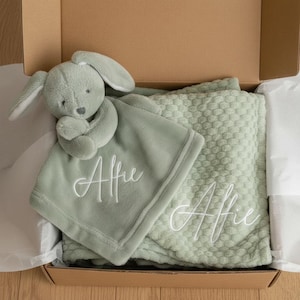 Personalised sage baby blanket And comforter gift set, embroidered baby blanket, baby comforter, new baby gift, gift for newborn baby, Bunny
