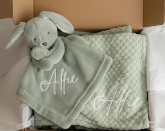 Personalised sage baby blanket And comforter gift set, embroidered baby blanket, baby comforter, new baby gift, gift for newborn baby, Bunny