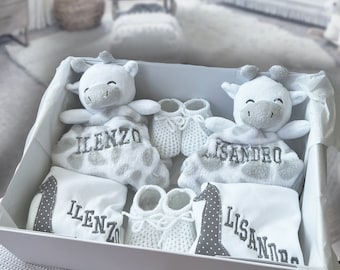 Twin Baby Gift Set, Giraffe Baby Gift, Baby Gift Hamper, twin baby shower, twin baby girls, twin baby boys, personalised twins baby gift