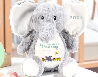Personalised Baby Stats Elephant, Custom Birth Announcement Plush Toy, Newborn Keepsake Gift