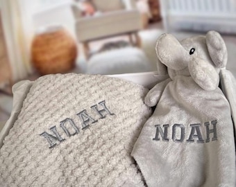 Personalisierte Babydecke, personalisierte Babytröster, Geschenksetoptionen, grauer Elefant, graue Tröster, neues Babygeschenk, Geschenk für Baby