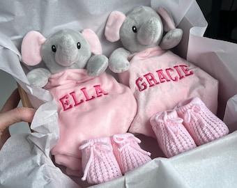 Personalized Twin Baby Girl Gift Set, Elephant Comforters, Knitted Booties