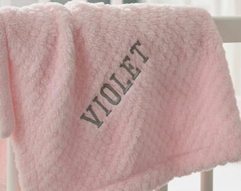 Manta personalizada para niña, tejido gofre rosa, nombre bordado