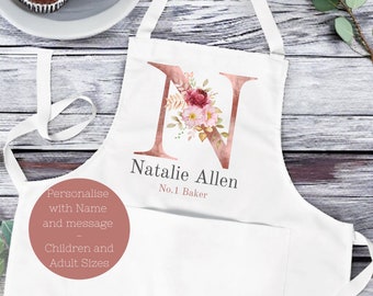 Personalised Initial Apron, Baking Gift, Flowers Cooking  Apron Gift, Initial Gift for Her, Custom Made, Personalised message