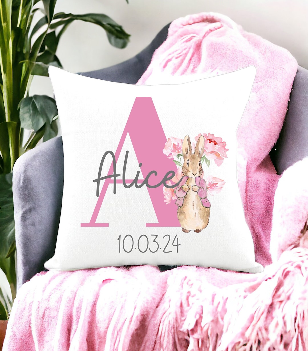 Personalised Peter Rabbit Girl Initial Cushion, Children's Gift ...