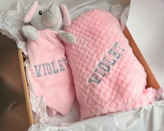 Personalised Baby Girl Blanket and Elephant Comforter Gift Set