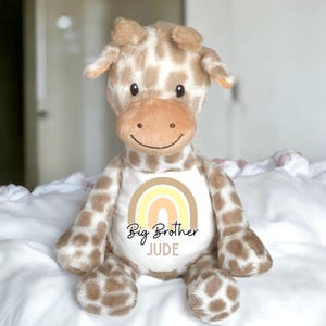 May include: A soft giraffe toy in a tan and white spotted pattern. The giraffe has a brown snout and a smiling face. The front of the giraffe features a rainbow design with the words "Big Brother JUDE".