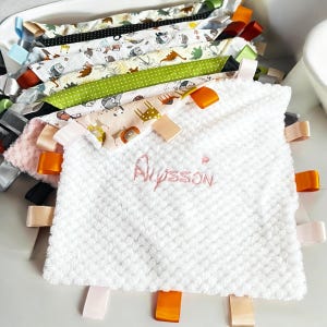 Soft sensory toy, baby Taggie, Newborn baby gift, Customised baby gift, Baby lovey, Snuggle tag blanket, cuddle buddy