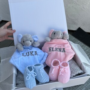 Personalised New Born twin Baby Gift Set, Elephant Baby Gift, Baby Gift Hamper, twin baby shower, baby twin girls, twin baby boys, image 3