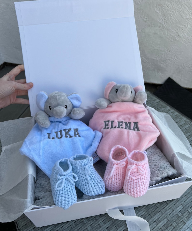 Personalised New Born twin Baby Gift Set, Elephant Baby Gift, Baby Gift Hamper, twin baby shower, baby twin girls, twin baby boys, image 3