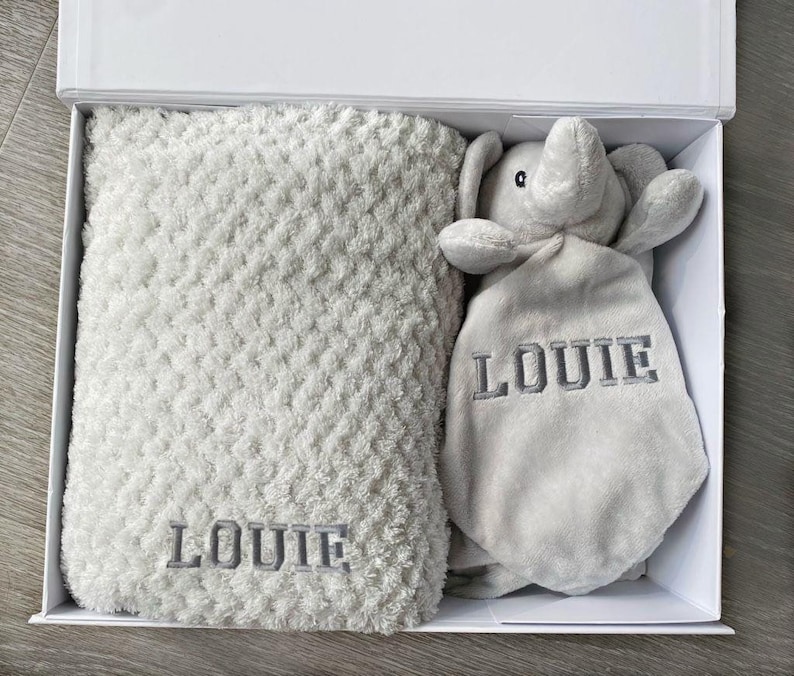 Personalised Embroidered Baby Blanket And Comforted Gift Set, Grey Elephant, Grey Comforter,New Baby Gift, Gift for Baby 