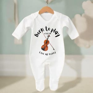 Personalised Baby Bodysuit, Sleepsuit, & Bib – &quot;Born to Play Violin Like My Daddy&quot; (Customizable Title)