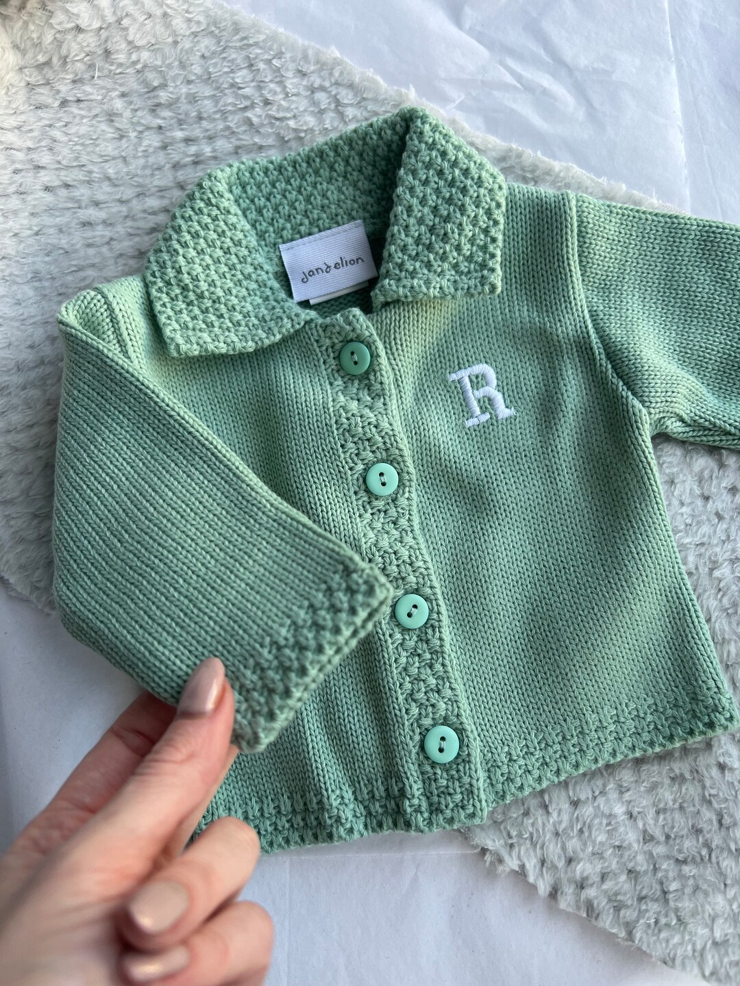 Personalised baby cardigan in sage green beige knitted cardigan