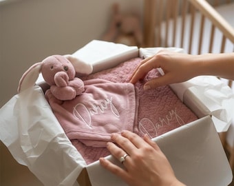 Personalised baby girl blanket And comforter gift set, embroidered baby blanket, baby comforter, new baby gift, gift for newborn baby, Bunny