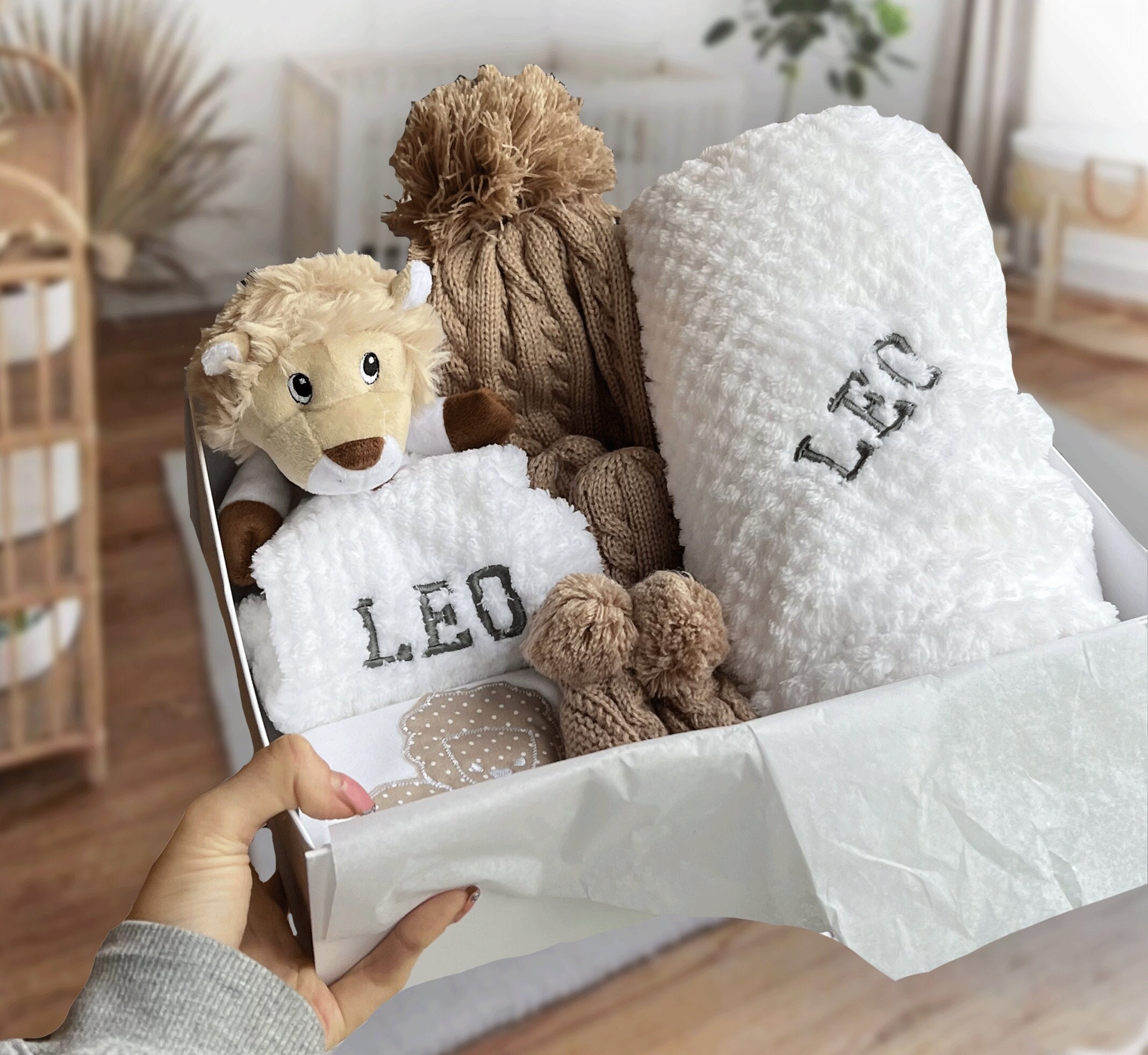 Personalised New Baby Gift Box, Lion Comforter, Knitted Hat & Booties ...