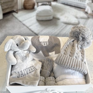 Personalised Baby Gift Set, cosy elephant comforter, bib, a soft blanket, knit hat, mittens and booties. Baby shower gift, baby gift, welcome baby items, baby gift ideas, personalised baby gift ideas