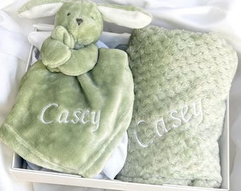 Personalised sage baby blanket And comforter gift set, embroidered baby blanket, baby comforter, new baby gift, gift for newborn baby, Bunny