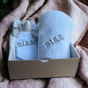 Baby boy gift hamper blanket and comforter set, Blue baby blanket, blue baby elephant comforter, gift for baby boy, baby boy gift set