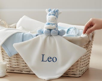 Personalised Giraffe New Baby Comforter, Embroidered Security Blanket with Name