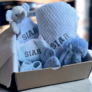 Personalised Baby Gift Set, cosy elephant comforter, bib, a soft blanket, knit hat, mittens and booties. Baby shower gift, baby gift, welcome baby items, baby gift ideas, personalised baby gift ideas