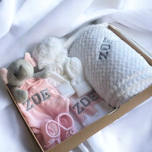 Personalised Baby Gift Set, cosy elephant comforter, bib, a soft blanket, knit hat, mittens and booties. Baby shower gift, baby gift, welcome baby items, baby gift ideas, personalised baby gift ideas