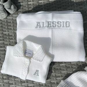 Personalisierte weiße gestrickte Baby-Cardigan und Decke Set, Neugeborenen Andenken Geschenk