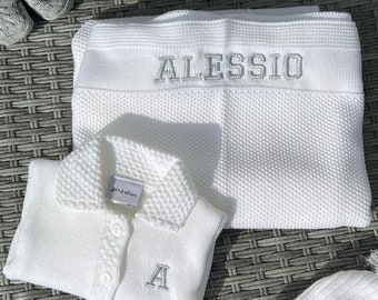 Ensemble gilet et couverture en tricot blancs personnalisés pour bébé, cadeau souvenir nouveau-né