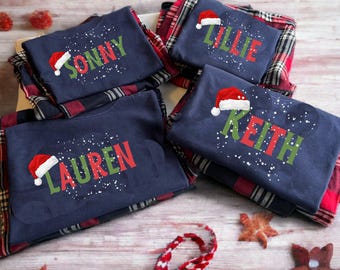 Pijamas navideños a juego para toda la familia, conjuntos para la Nochebuena en familia, conjuntos de tartán azul marino, pijamas navideños personalizados.