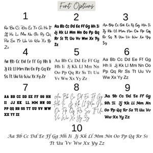 K&ouml;nnte beinhalten: Auf wei&szlig;em Hintergrund werden zehn Schriftoptionen angezeigt, jede nummeriert und mit dem Alphabet in verschiedenen Stilen. Der Text "Font Options" steht oben. Die Schriftarten reichen von einfach bis dekorativ.