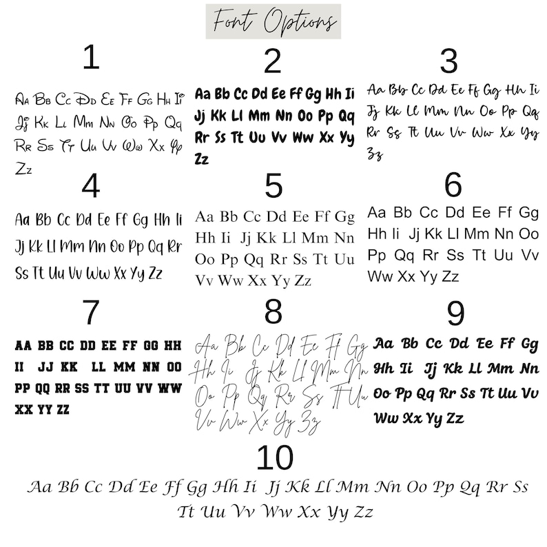 K&ouml;nnte beinhalten: Auf wei&szlig;em Hintergrund werden zehn Schriftoptionen angezeigt, jede nummeriert und mit dem Alphabet in verschiedenen Stilen. Der Text "Font Options" steht oben. Die Schriftarten reichen von einfach bis dekorativ.