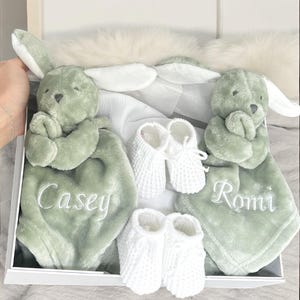 Twin Baby Bunny Gift Set, Twin Newborn, Baby Gift Hamper, twin baby shower, twin baby girls, twin baby boys, personalised twins gift, bunny