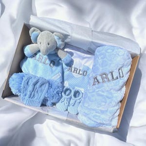 Baby Name Blanket, Baby Shower Boy Gift, personalised baby blue hamper, baby shower gift set , baby blanket,  new baby gift box