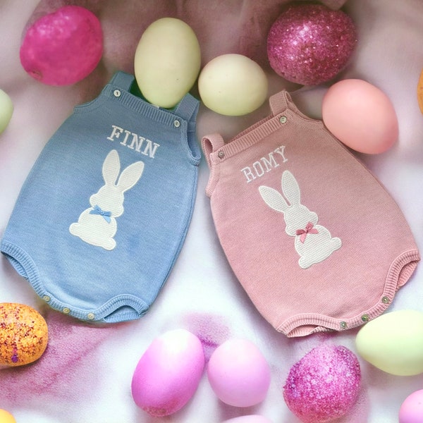 Baby girl Bunny Romper, Newborn Easter Outfit, Baby knit romper, pink romper suit, baby clothes